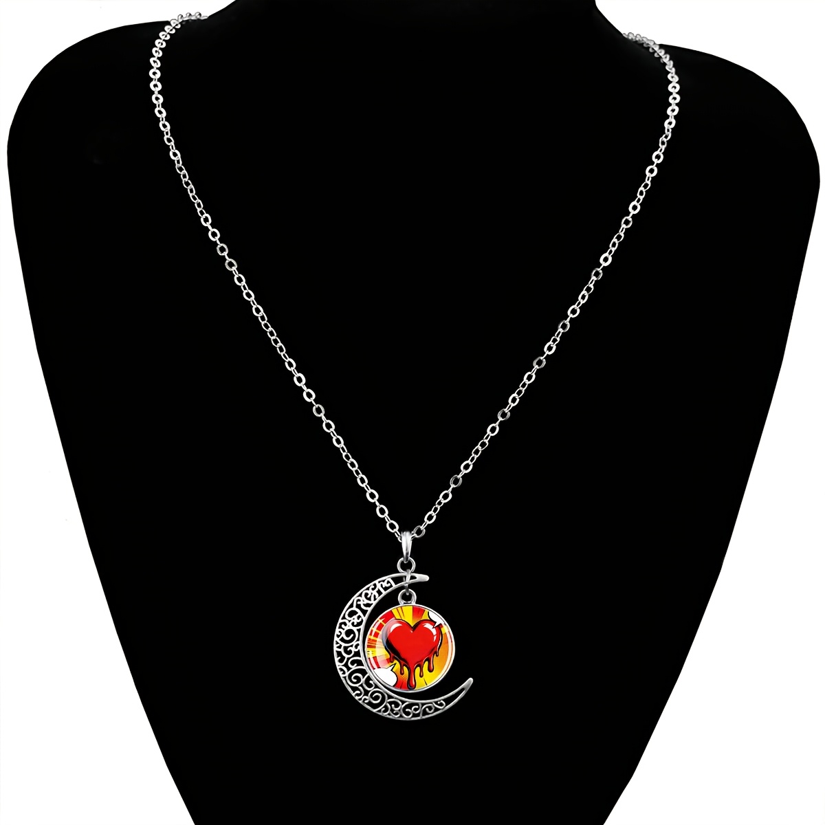 Women's Heart Pattern Crescent Moon Necklace, Statement Gift
